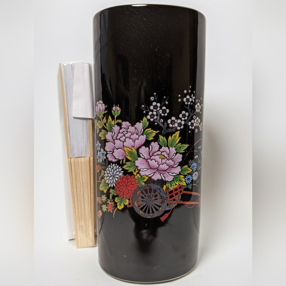 Vtg 80s Japanese black ceramic vase with painted flowers gold plated rims.